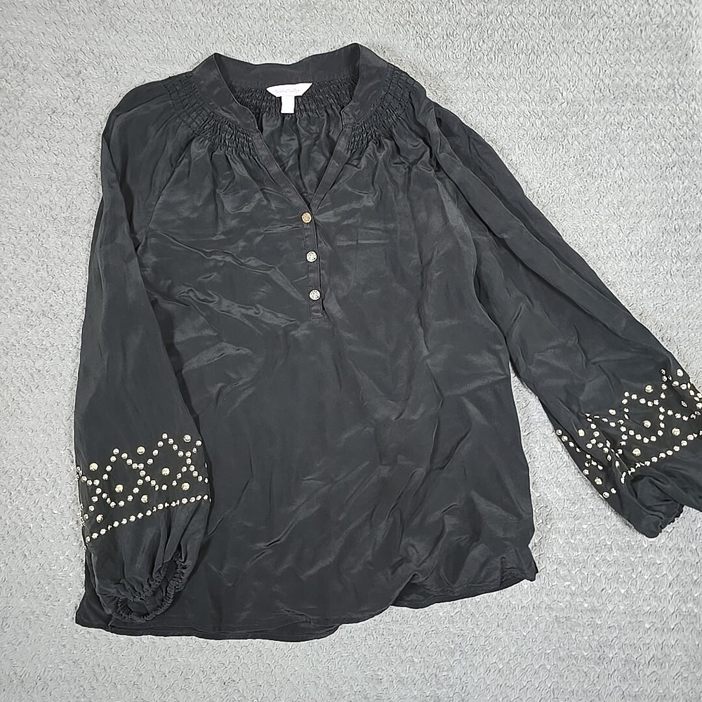 Lilly Pulitzer Shirt Womens Small Black Silk Long Sleeve Gold Accents On Sleeve